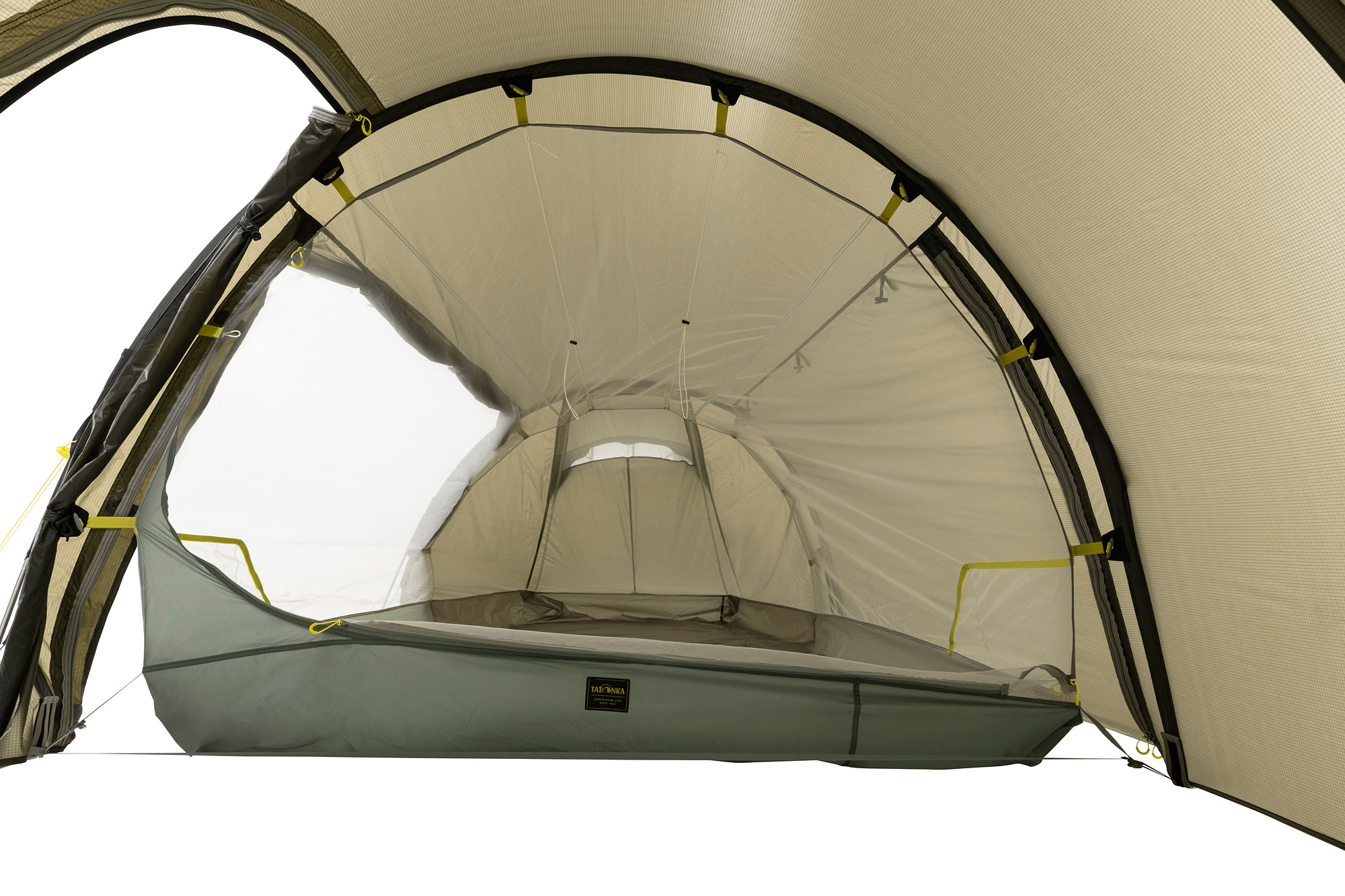 Zelt, Campen, Zelt in den Bergen, Natur, Draußen, Tatonka Grönland 2 Vent LT stone grey olive grau 2-Personen-Zelte - Ansicht frontal-vorne