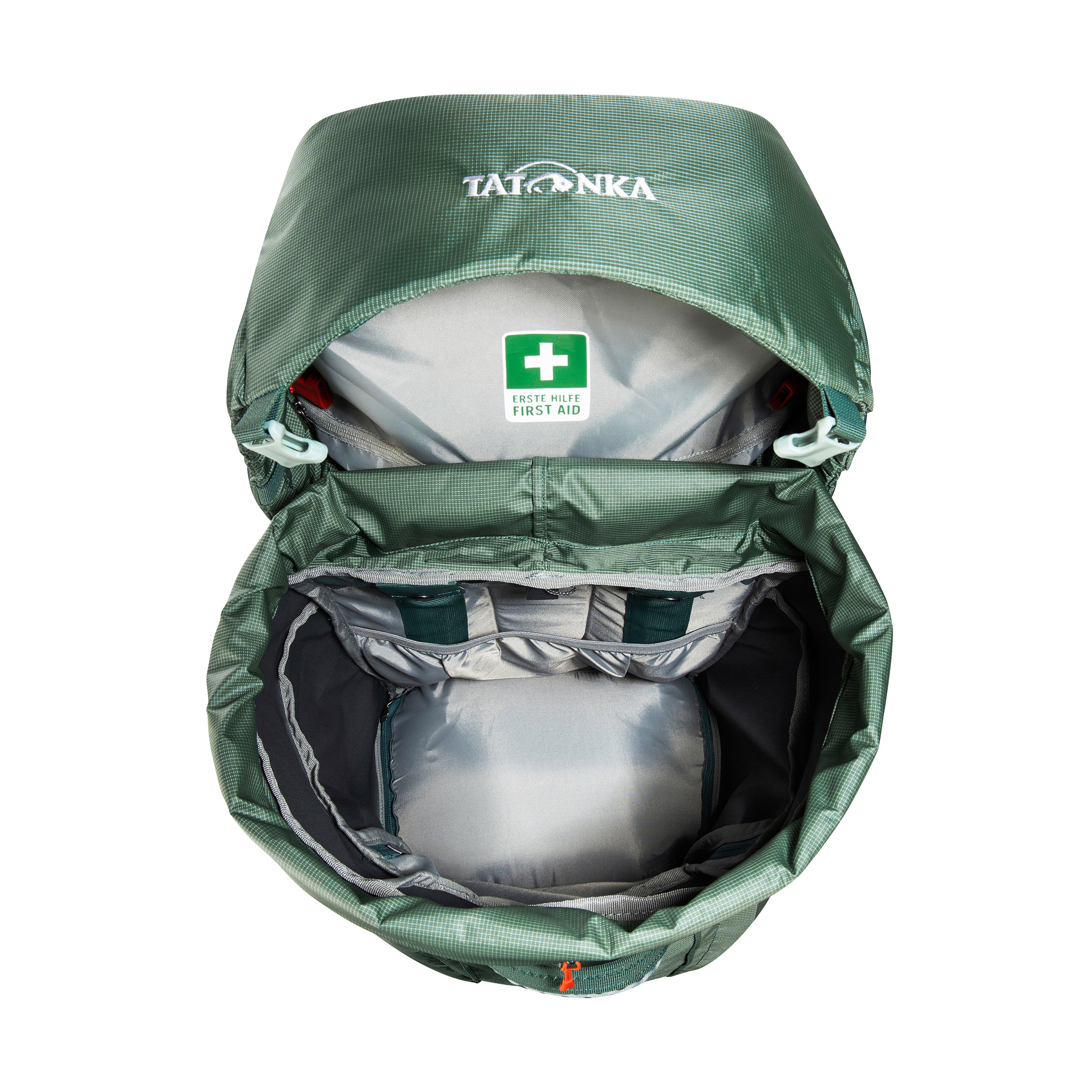 Mantel, Weste, Erste Hilfe, Rettungsweste, Kapuze, Tatonka Yukon 50+10 sage green grün Trekkingrucksäcke - Detailansicht