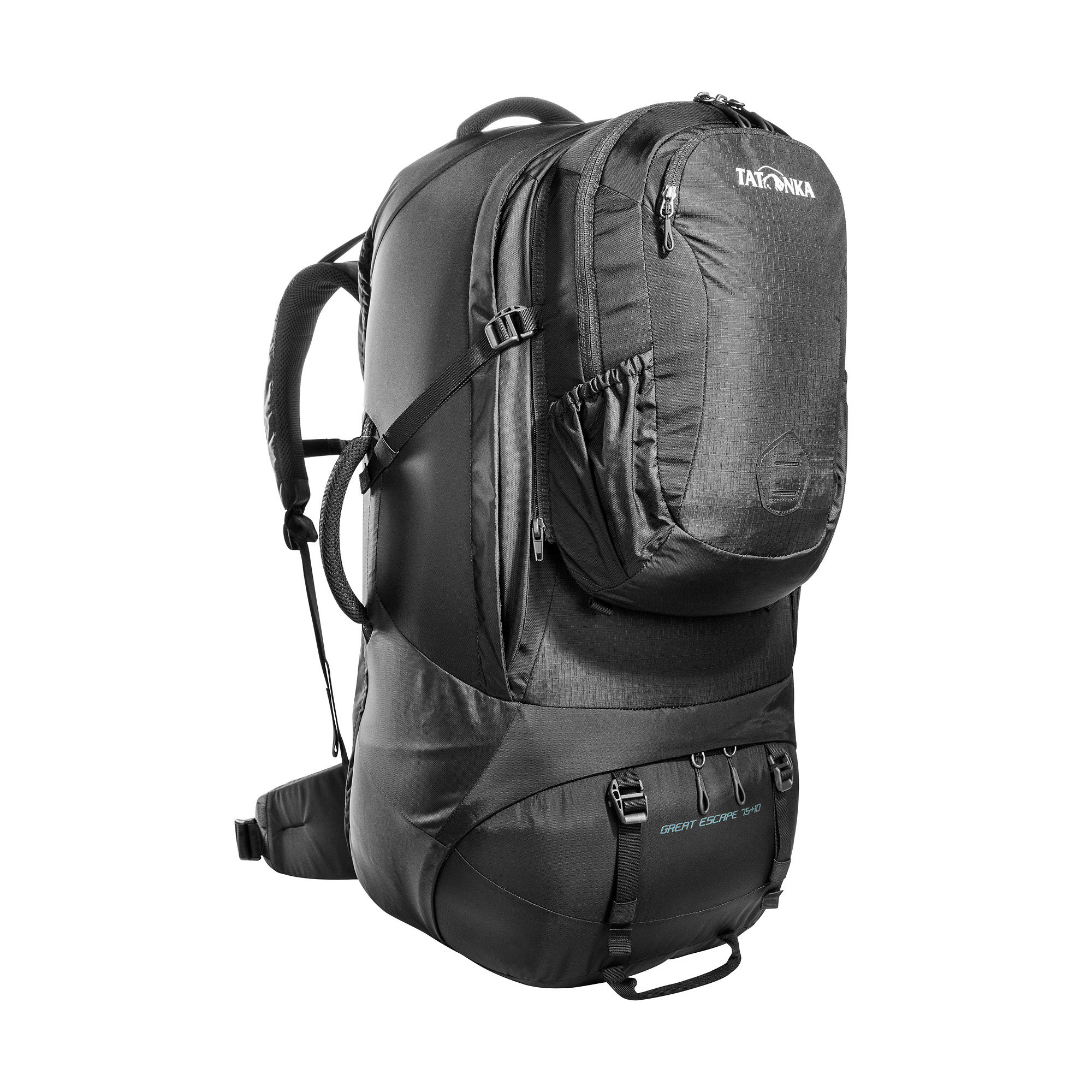 Tasche, Rucksack, Zubehör, Handtasche, Tatonka Great Escape 75+10 black schwarz Reiserucksäcke - Ansicht seitlich-vorne