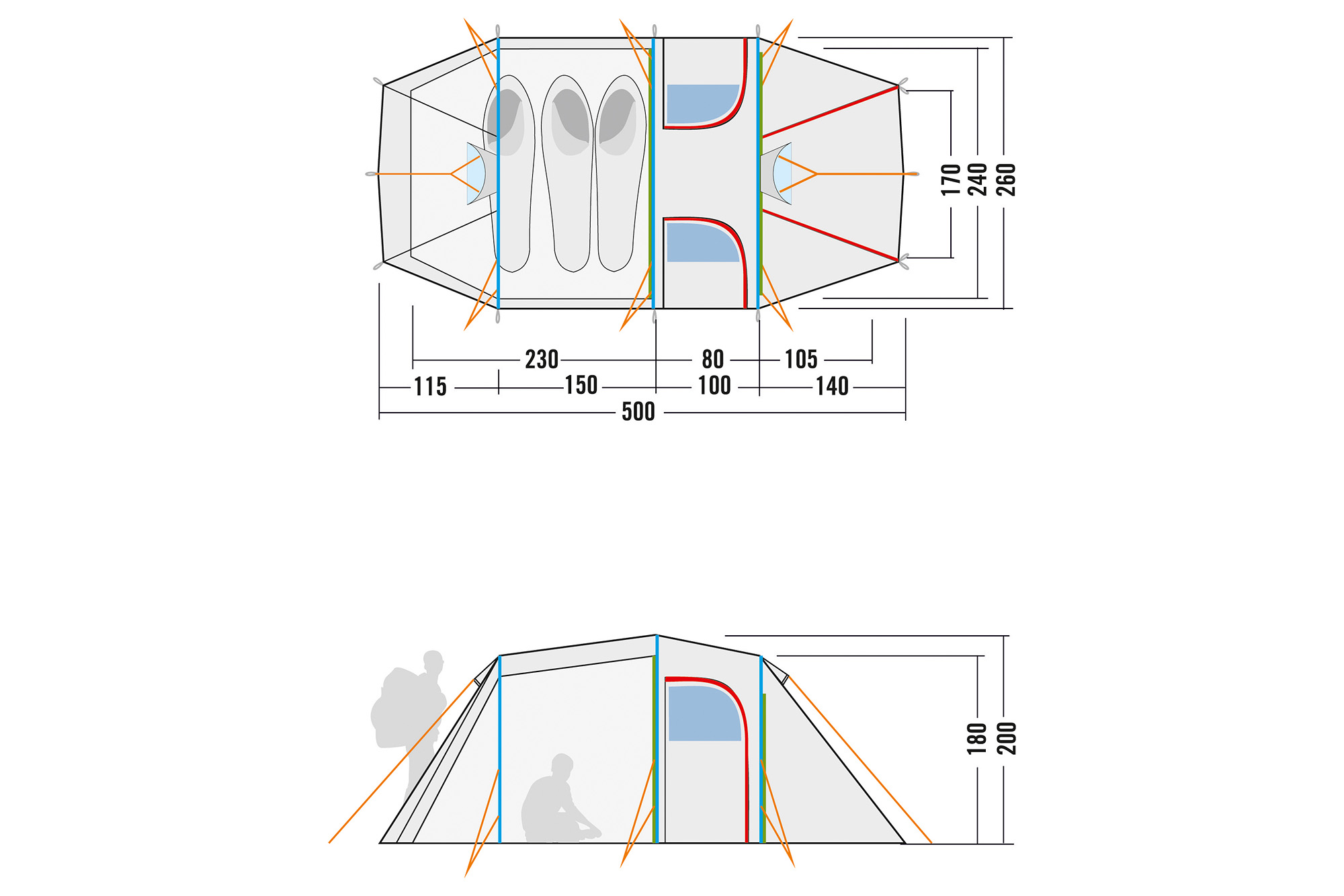 CAD-Diagramm, Diagramm, Person, Tatonka Family Camp light olive grün 3-Personen-Zelte - Detailansicht